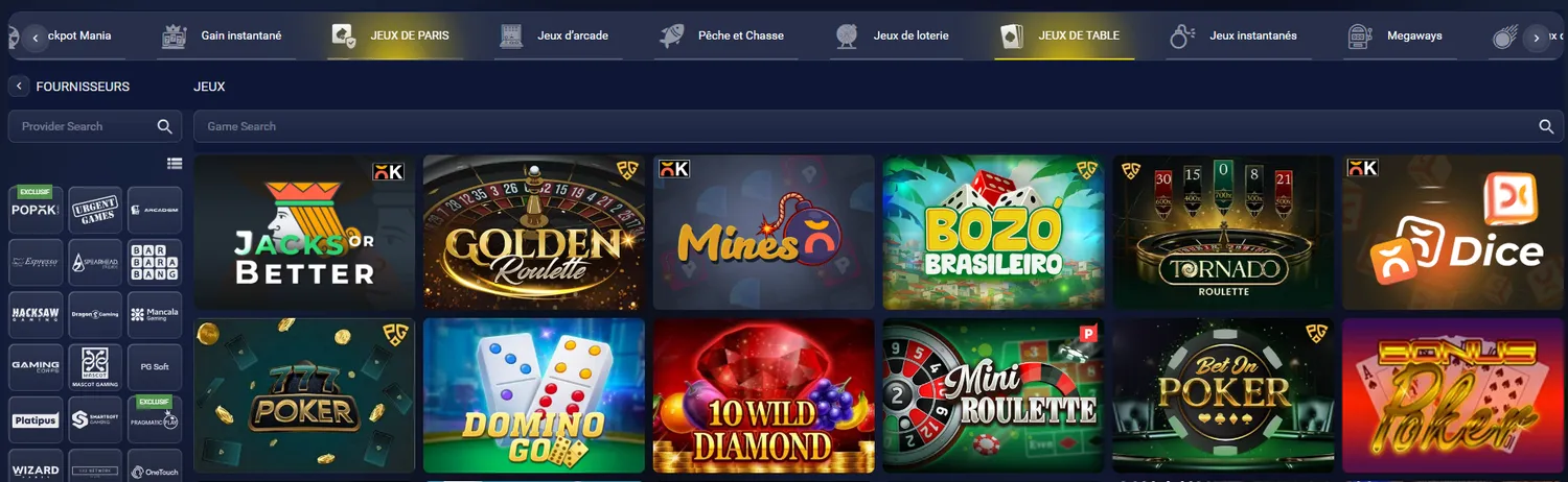 Sélection de jeux de casino sur Betmomo