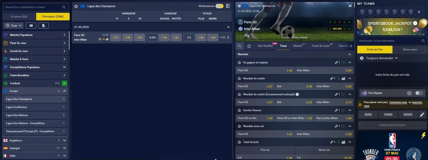 Interface des paris sportifs sur Betmomo
