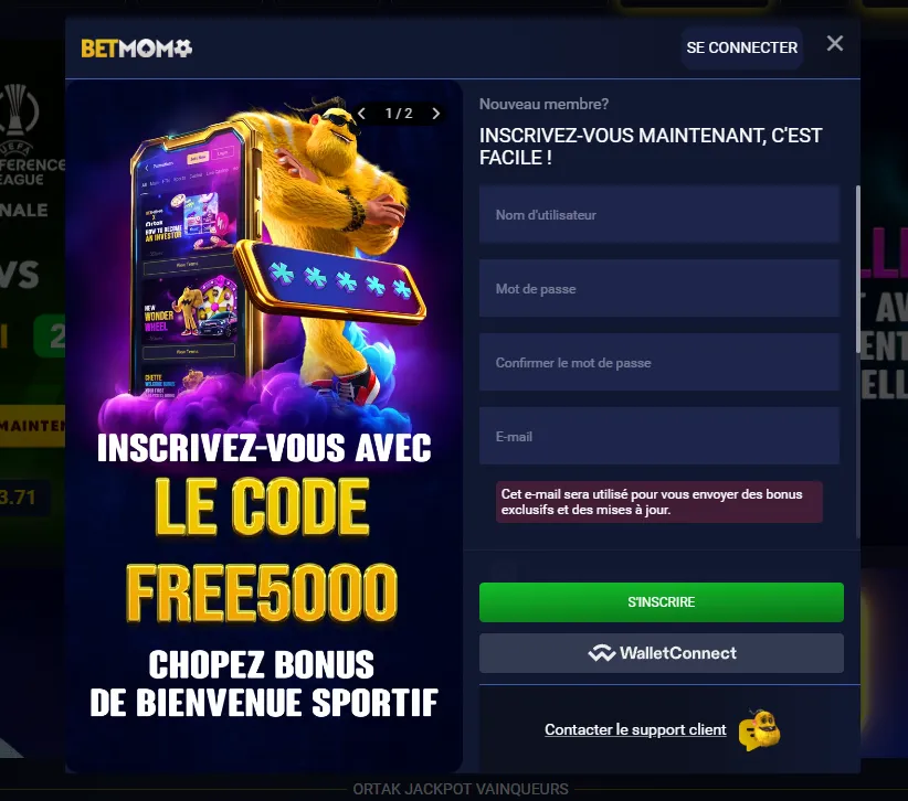 Formulaire d'inscription sur Betmomo